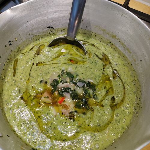 5. Add 1/4 taken out post cooking to blitzed soup